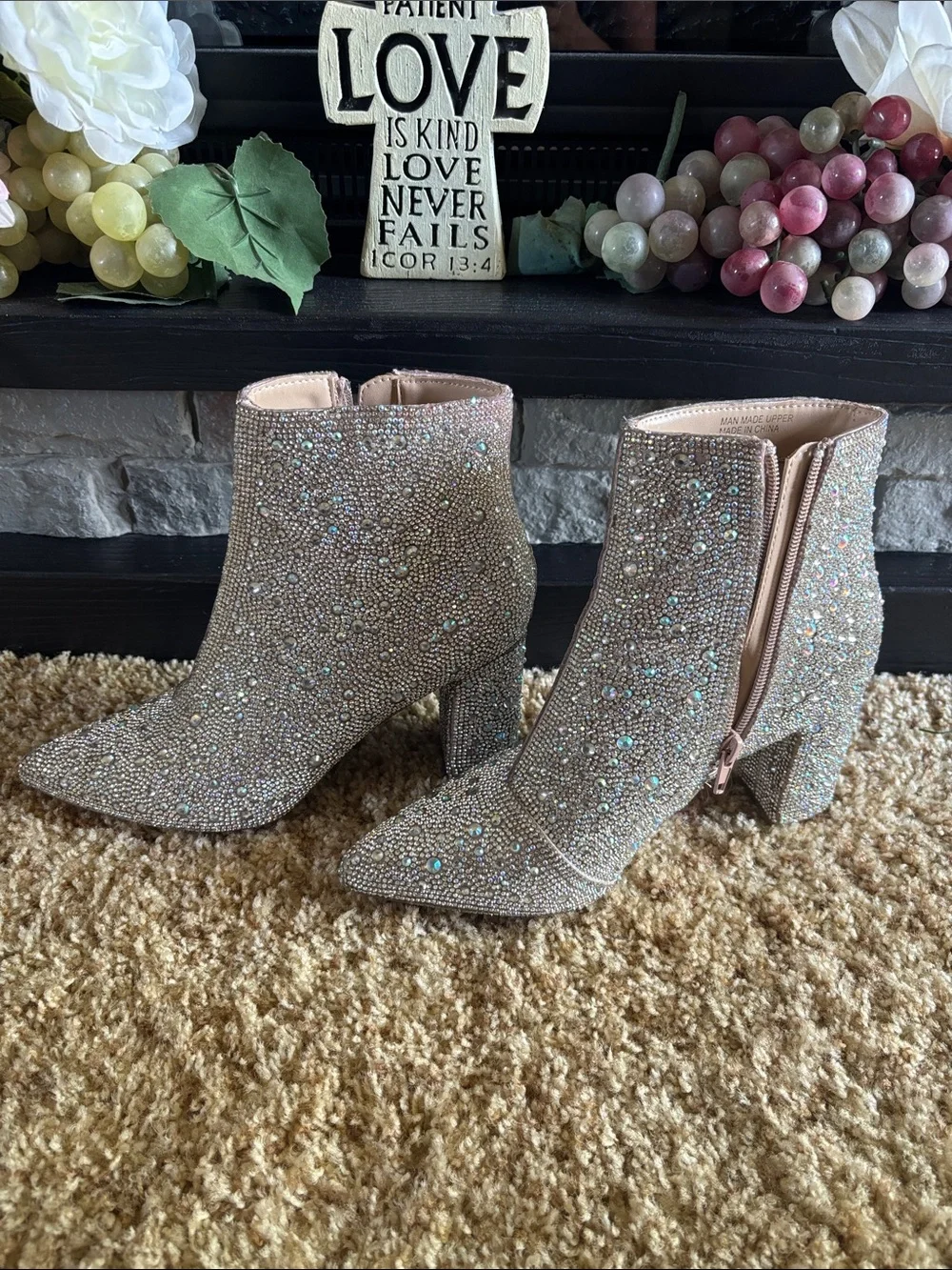 Rhinestone Embellished Nude Ankle Booties - Women's
